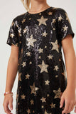 GY6421 Black Girls Sequined Star Pattern Shift Dress Detail