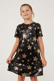GY6421 Black Girls Sequined Star Pattern Shift Dress Front