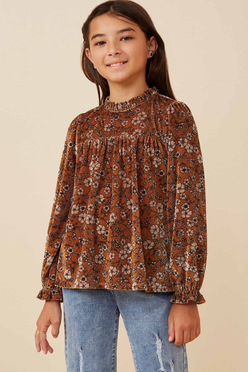 GY6423 CAMEL Girls Floral Velvet Cinched Cuff Long Sleeve Front