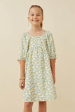 GY6435 SAGE Girls Floral Print Square Neck Puff Sleeve Midi Dress Front