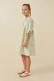 GY6435 SAGE Girls Floral Print Square Neck Puff Sleeve Midi Dress Side