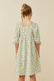 GY6435 SAGE Girls Floral Print Square Neck Puff Sleeve Midi Dress Back