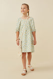 GY6435 SAGE Girls Floral Print Square Neck Puff Sleeve Midi Dress Full Body