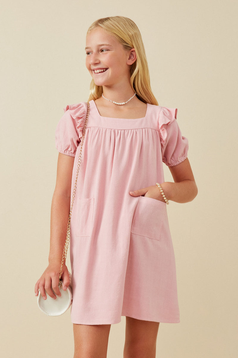GY6436 BLUSH Girls Patch Pocket Square Neck Ruffled Dress Front