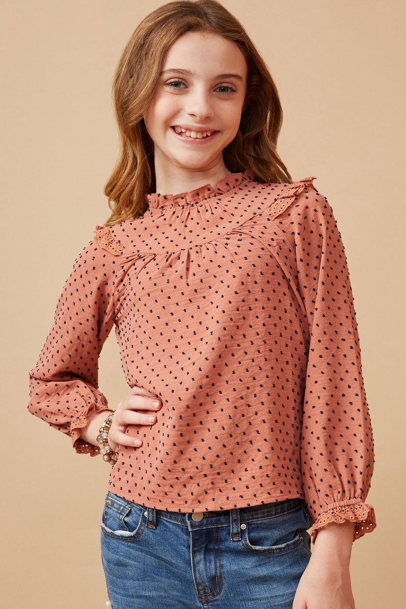 VIVIANO Ruffle Elastic Top dot ドット Girls Swiss Dot Long Sleeve Tops | Cute Girls' Clothes – Hayden Girls