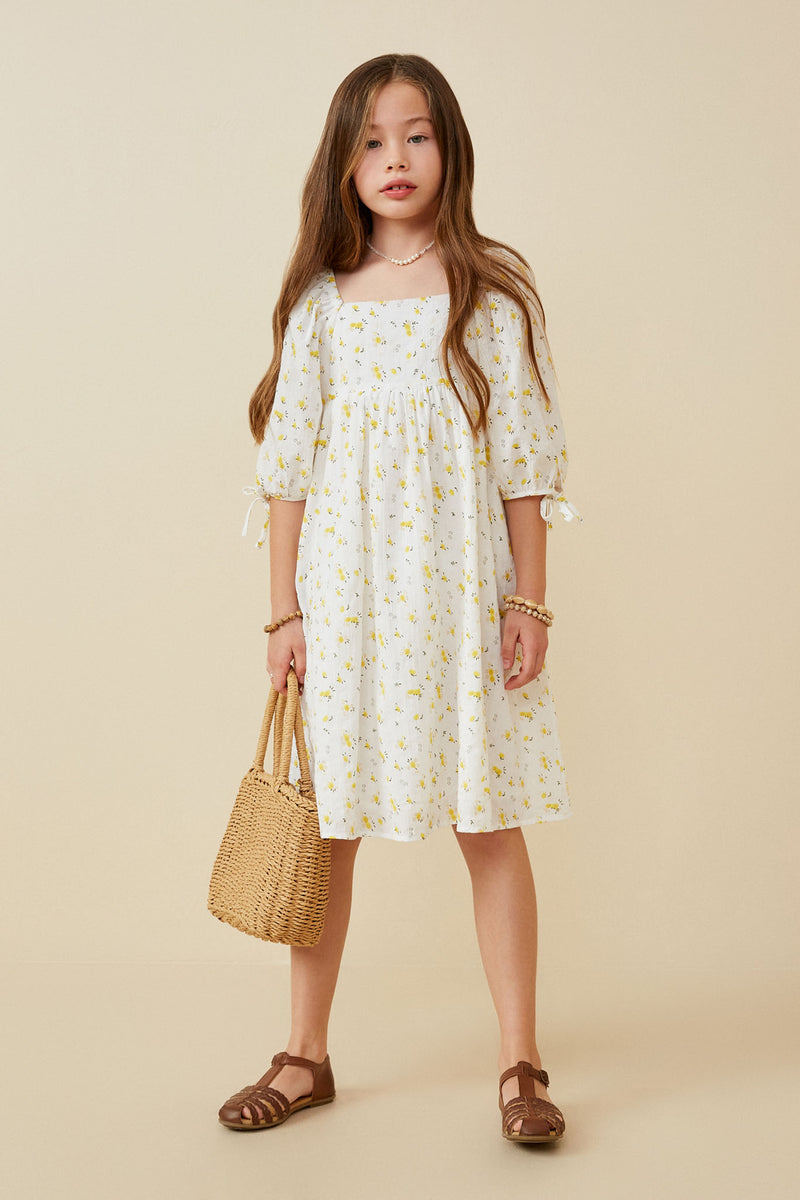 GY6604 YELLOW Girls Textured Ditsy Floral Square Neck Tie Sleeve Dress Full Body