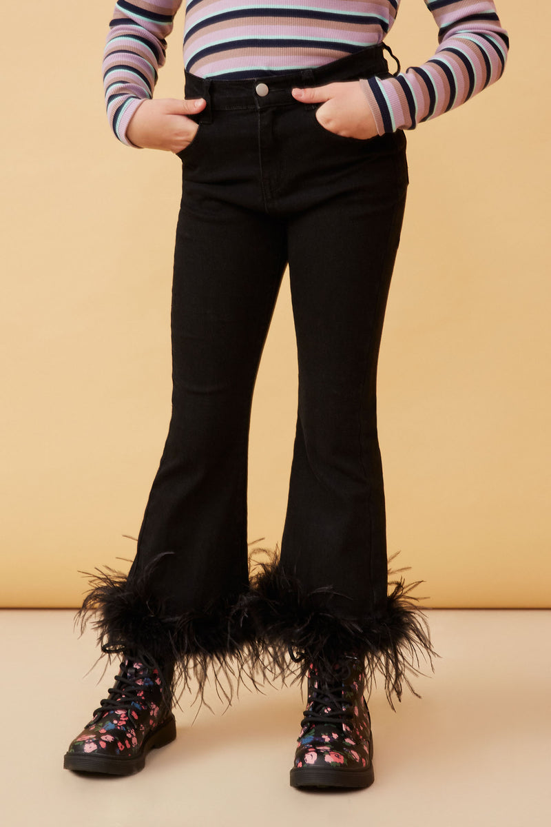 GY6644 Black Girls Feather Trimmed Denim Pants Front