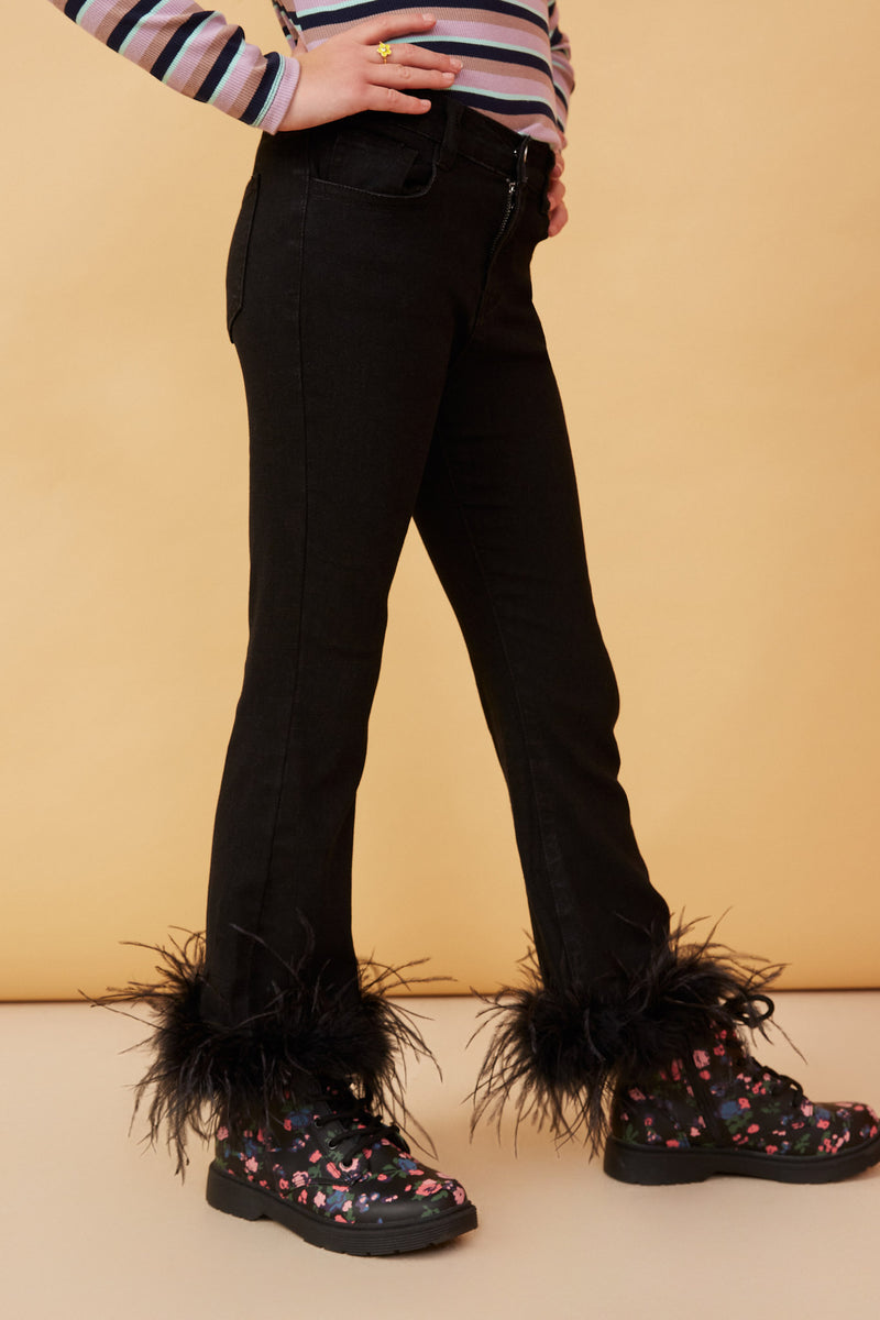 GY6644 Black Girls Feather Trimmed Denim Pants Side