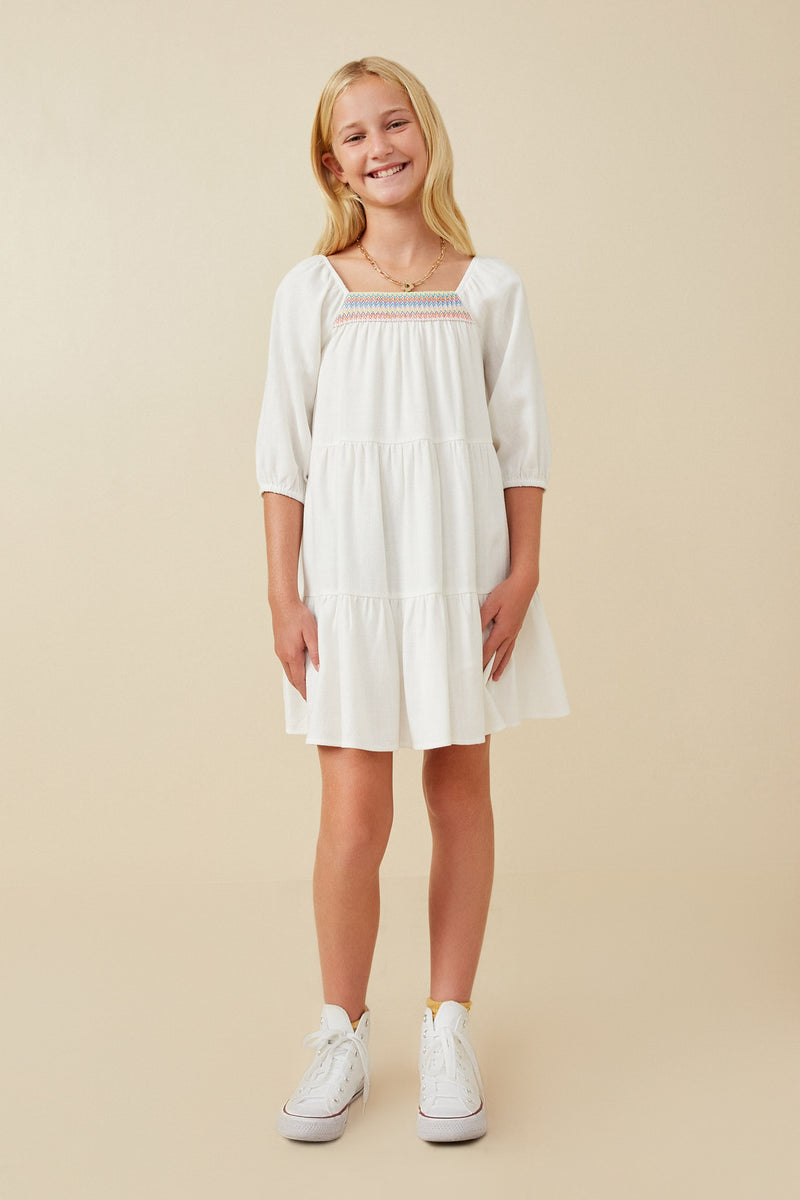 GY6674 Off White Girls Smock Detail Square Neck Tiered Dress Full Body