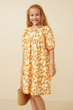 GY6685 Yellow Girls Floral Tie Detail Short Sleeve Dress Pose
