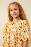 GY6685 Yellow Girls Floral Tie Detail Short Sleeve Dress Detail