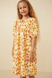 GY6685 Yellow Girls Floral Tie Detail Short Sleeve Dress Front