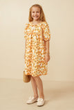GY6685 Yellow Girls Floral Tie Detail Short Sleeve Dress Full Body
