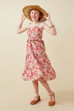 GY6691 Pink Girls Floral Ruffled Smock Back Dress Full Body