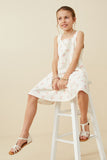 GY6693 Cream Girls Textured Floral Square Neck Tank Dress Pose 2