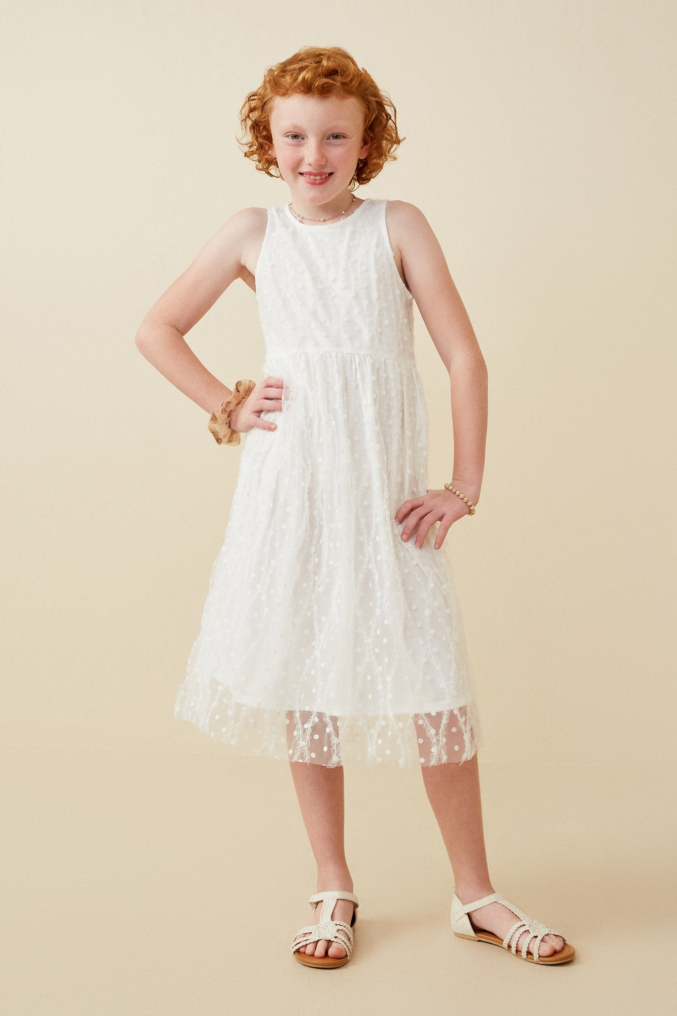 polka dot mesh dress white Girls Polka Dot Flocked Tank Dress