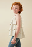 GY6740 Natural Girls Linen Textured Tiered Tassel Tie Halter Top Side