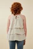 GY6740 Natural Girls Linen Textured Tiered Tassel Tie Halter Top Back