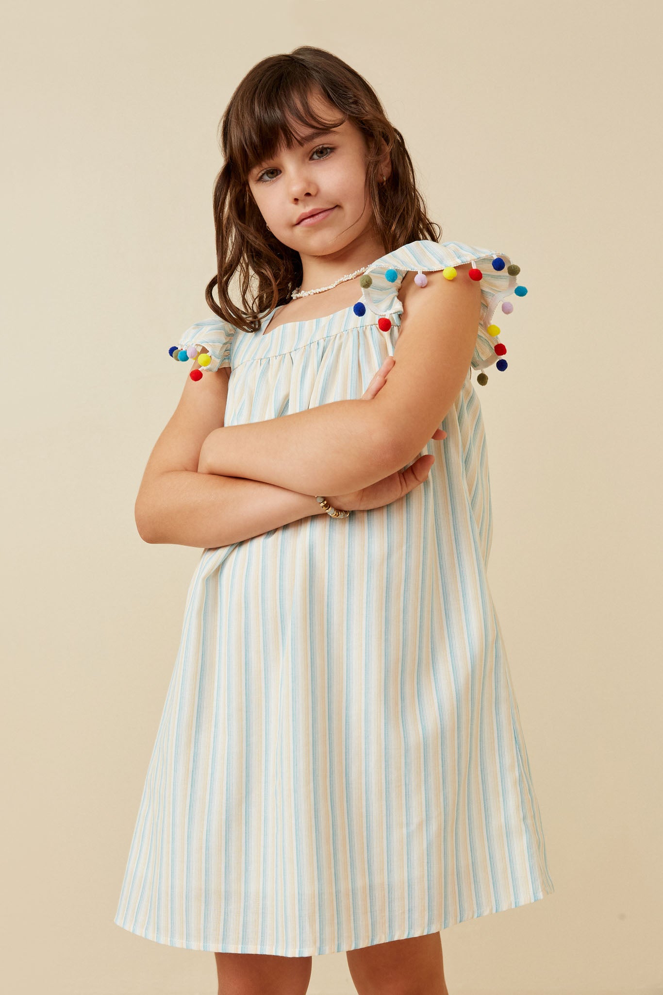 Girls Pompom Flutter Sleeve Striped Dress
