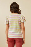 GY6748 Pink Mix Girls Striped Ruffled Cap Sleeve Knit Top Back