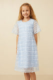GY6772 Blue Girls Feathered Mesh And Dot Shift Dress Front