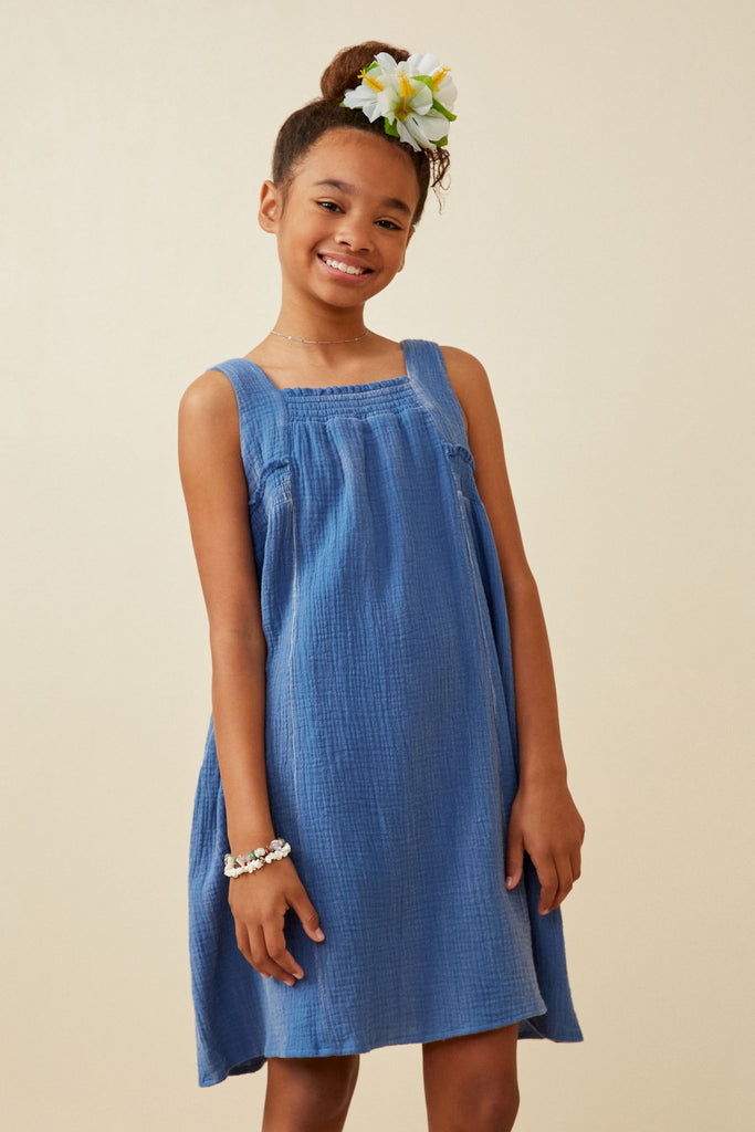 GY6788 Blue Girls Washed Textured Smock Detail Tank Dress Front