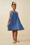 GY6788 Blue Girls Washed Textured Smock Detail Tank Dress Full Body
