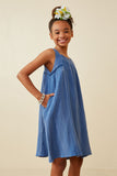 GY6788 Blue Girls Washed Textured Smock Detail Tank Dress Side