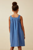 GY6788 Blue Girls Washed Textured Smock Detail Tank Dress Back