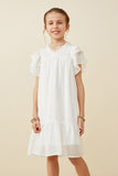 GY6803 OFF WHITE Girls Texture Striped Ruffle Sleeve V Neck Dress Front