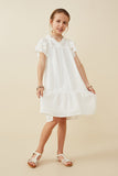 GY6803 OFF WHITE Girls Texture Striped Ruffle Sleeve V Neck Dress Full Body