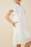 GY6803 OFF WHITE Girls Texture Striped Ruffle Sleeve V Neck Dress Side