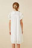 GY6803 OFF WHITE Girls Texture Striped Ruffle Sleeve V Neck Dress Back