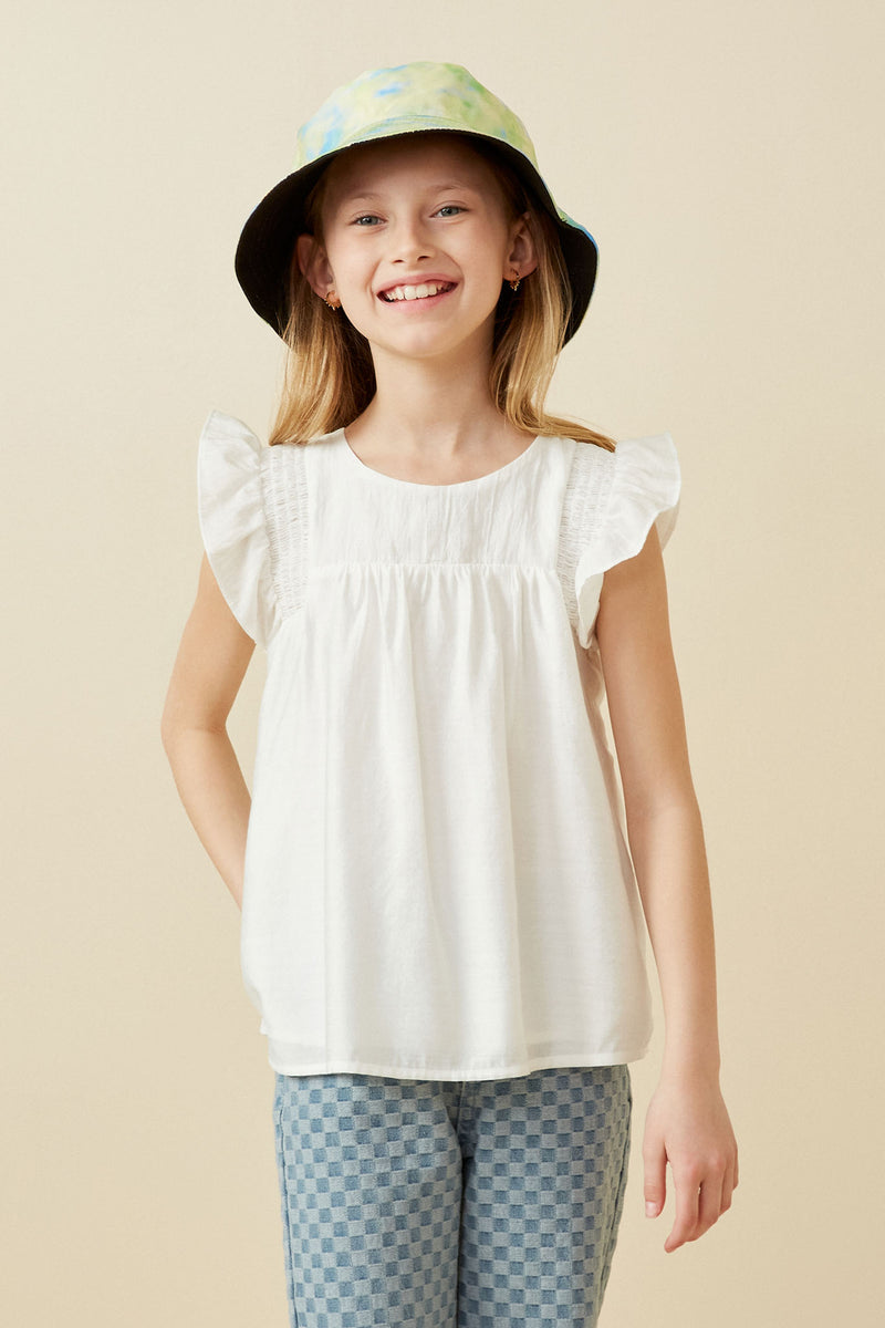 GY6810 Off White Girls Smocked Detail Ruffle Shoulder Top Front