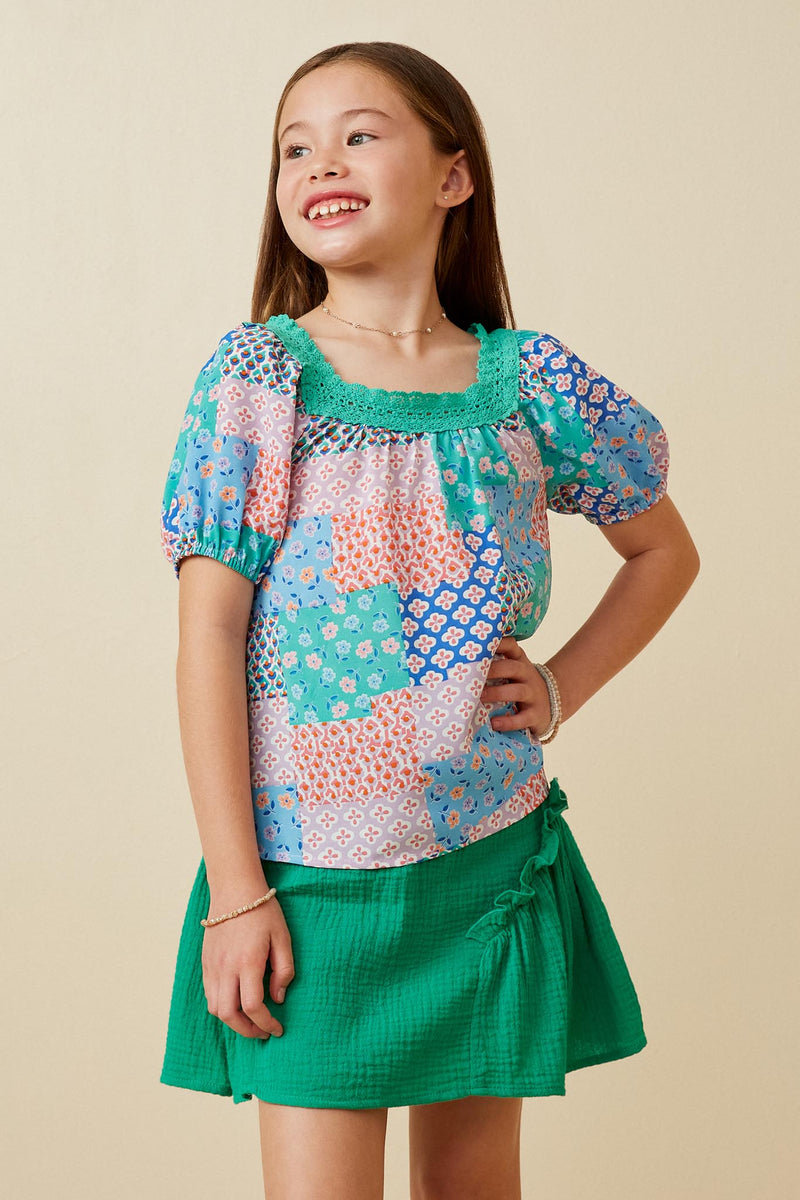 GY6900 Green Girls Vivid Patch Print Lace Trimmed Square Neck Top Front