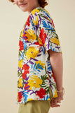 GY6990 Yellow Girls Vivid Floral Contrast Stitch Linen Blend Kimono Side