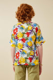 GY6990 Yellow Girls Vivid Floral Contrast Stitch Linen Blend Kimono Back