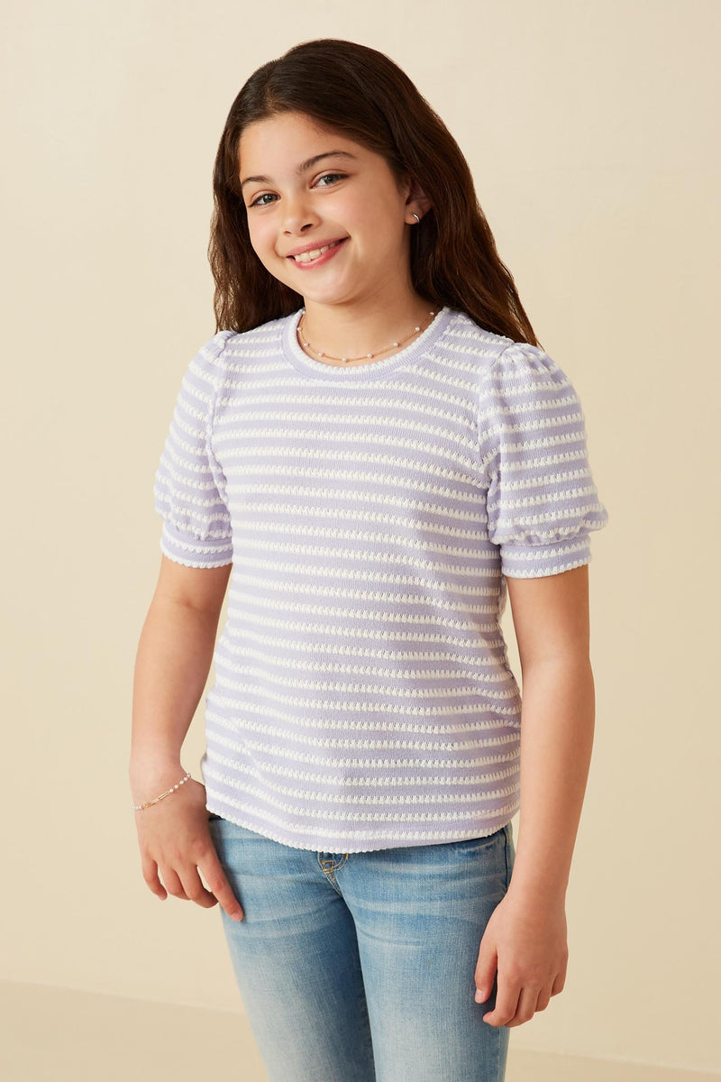 GY6996 Lavender Girls Textured Stripe Puff Sleeve Knit Top Front