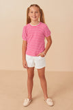 GY6996 Pink Girls Textured Stripe Puff Sleeve Knit Top Full Body