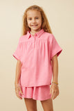 GY7189 Pink Girls Short Sleeve Collared Dolman Top Front