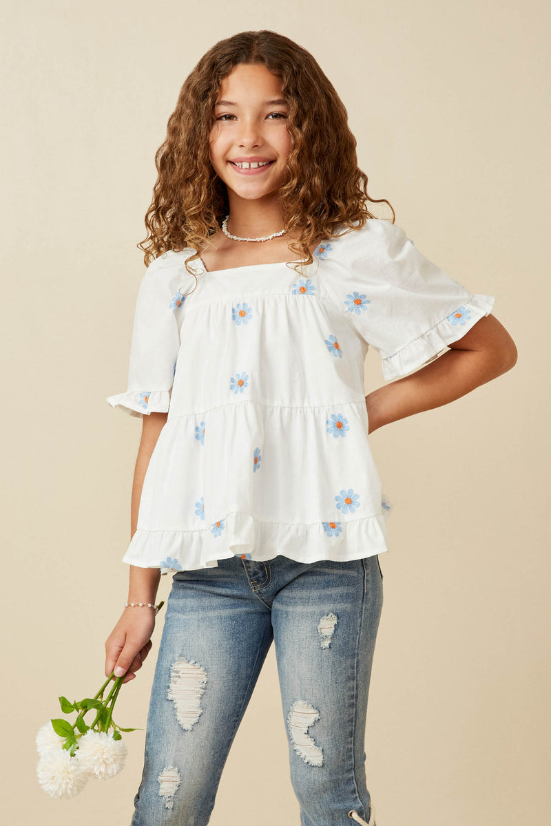 GY7224 Blue Girls All Over Daisy Embroidered Square Neck Top Pose