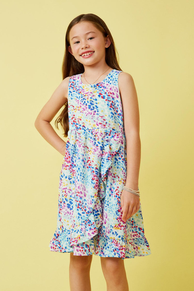 GY7262 Blue Mix Girls Abstract Multi Color Dot Ruffled Tank Dress Front