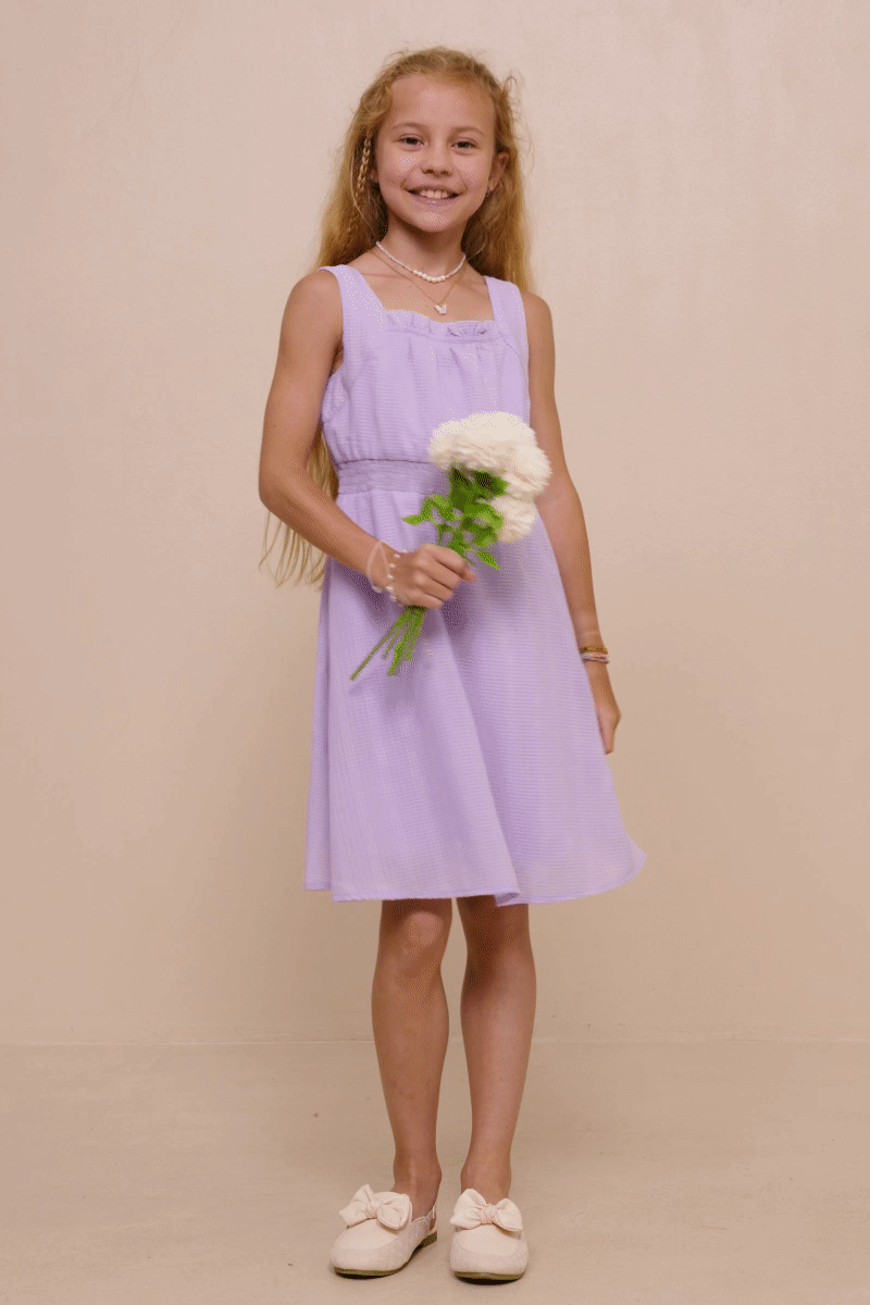 GY7270 Lavender Girls Ruffle Neck Smocked Waist Texture Stripe Dress Gif