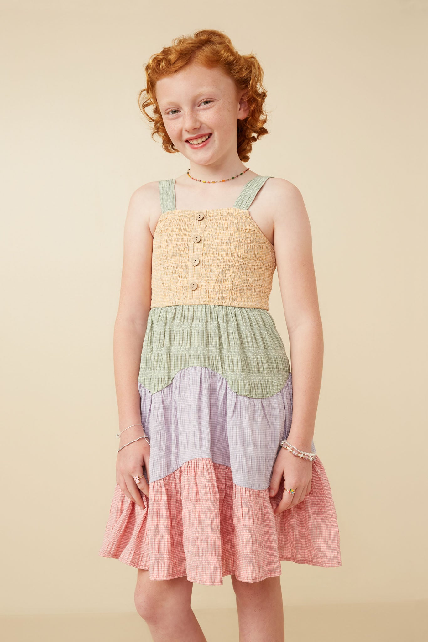 Girls Button Detail Wavy Color Block Dress