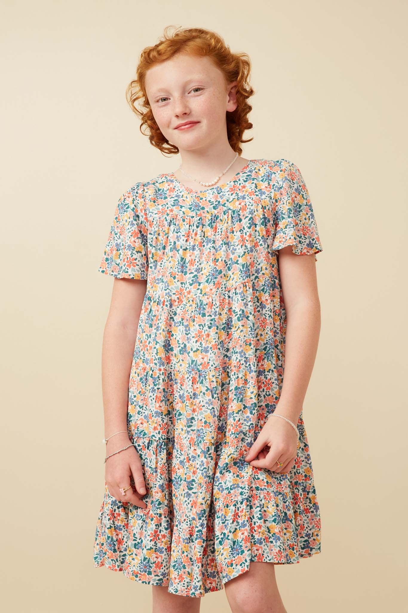 Girls Ditsy Floral Flutter Sleeve Tiered Dress