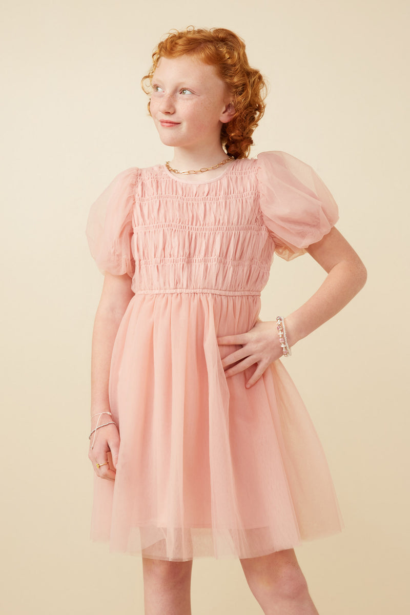 GY7301 Blush Girls Smocked Puff Sleeve Mesh Dress Front