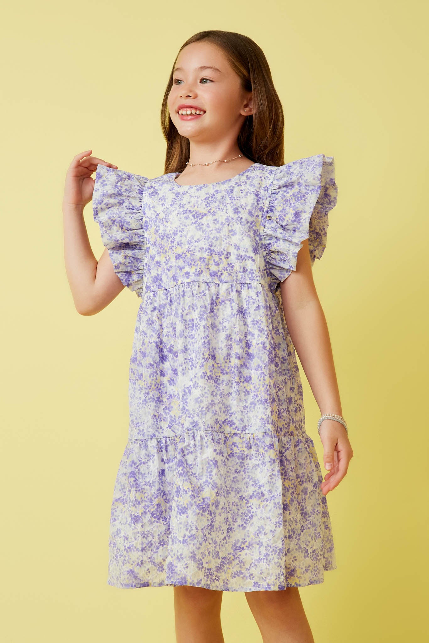 Girls Ditsy Floral Exaggerated Ruffle Sleeve Dresss | Cute Girls' Clothes Lavender / M Lavender Girl's Dresses Mini Dresses Hayden Girls