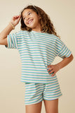 GY7350 Pink Mix Girls Multi Stripe Waffle Knit Drop Shoulder T Shirt Pose