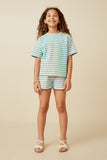 GY7350 Pink Mix Girls Multi Stripe Waffle Knit Drop Shoulder T Shirt Full Body