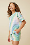 GY7350 Pink Mix Girls Multi Stripe Waffle Knit Drop Shoulder T Shirt Side